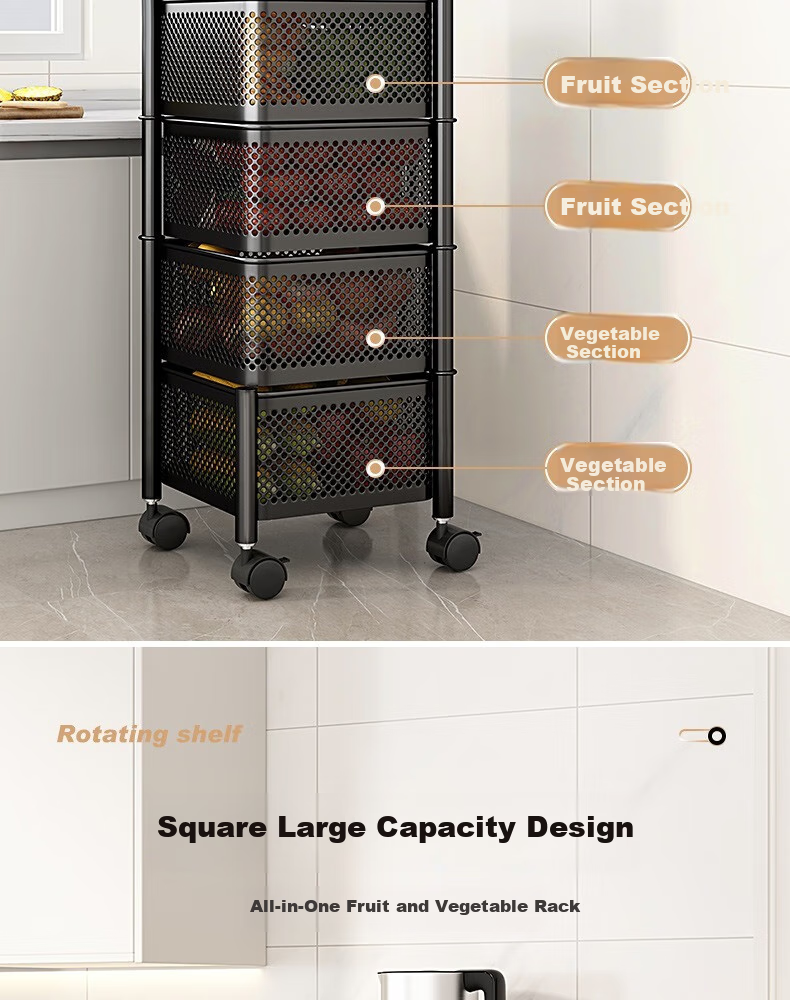Yicainianhua Kitchen Storage Rack, Floor-Standing Vegetable Basket, Rotating Shelf, Vegetable Organizer, Living Room Storage Movable Cart, 1118-WH 4