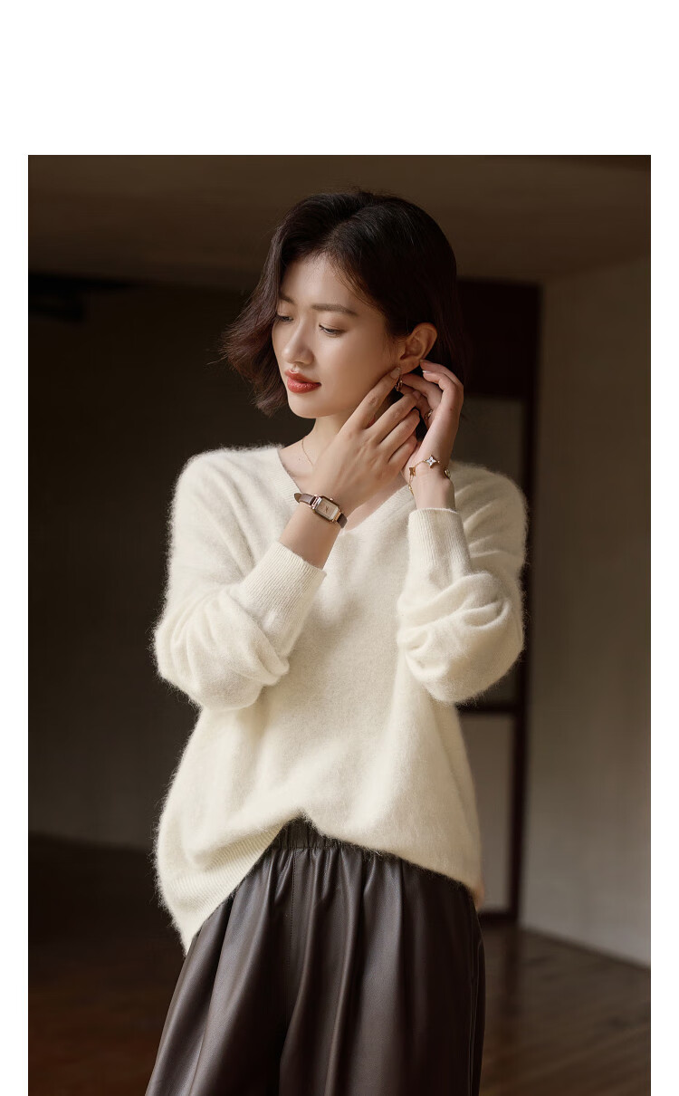 Dme 【Voluminous Merino Wool】Winter V-Neck Drop Shoulder Ribbed Fleece Knit Sweater for Women 1