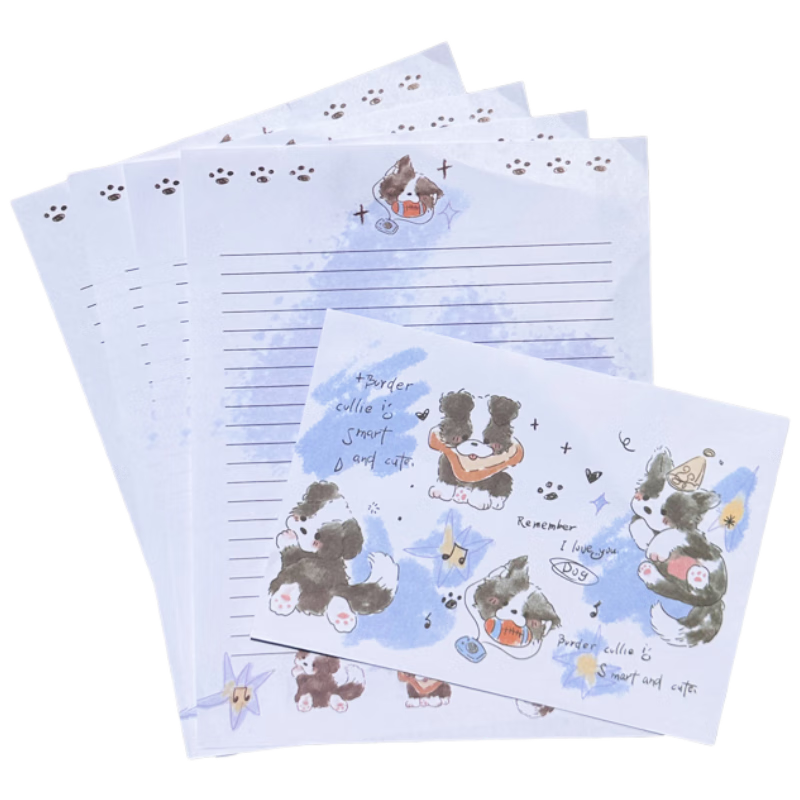 Jufu Cute Puppy Envelope and Letter Paper Set High Aesthetic Handwritten Romantic Creative Blessing Birthday Valentine's Day Graduation Children's Day 520 Gift 4 Envelopes 4 Letter Papers