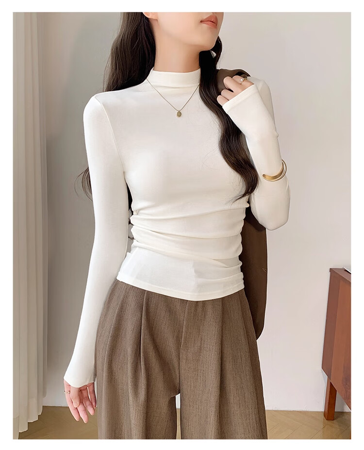 NOME Early Autumn Half Turtleneck Slim Fit Long Sleeve Basic T-Shirt Women 2025 New Solid Color Top White L 6