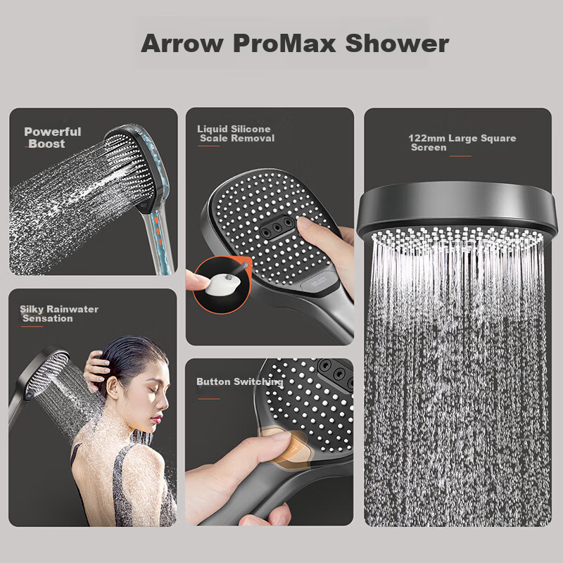 Ручной душ ARROW AE58130GG, серый, квадратный, с кнопкой переключения, усиливающий напор