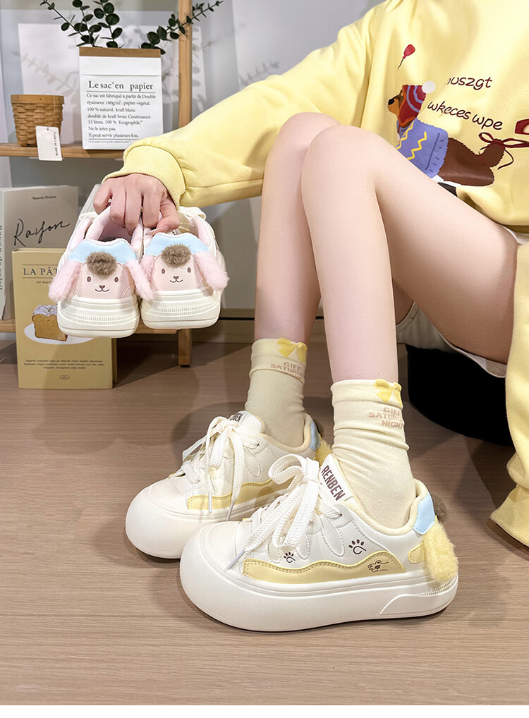 Renben Fleece-Lined White Sneakers for Women Cute Puppy Low-Top Original Casual Thick-Soled Warm Cotton Shoes Trendy Female 6