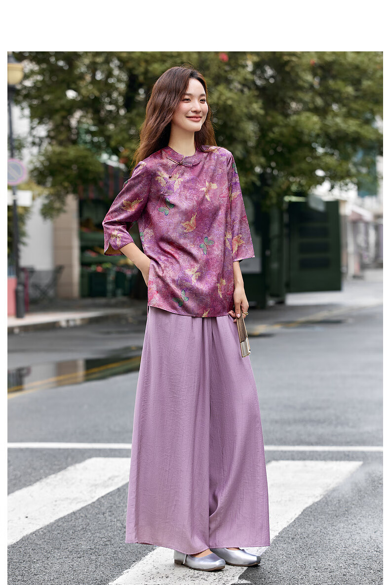 Fanximan New Chinese Style Women's Autumn Set Stand Collar Top Wide Leg Pants Set Purple Floral M 11