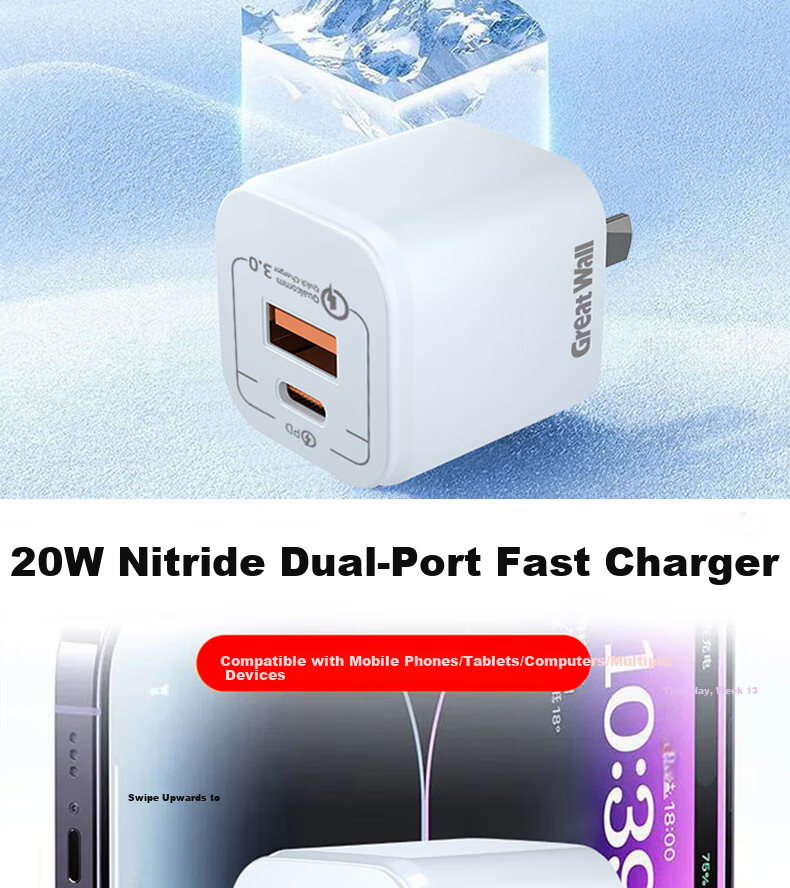 Great Wall PD20W GaN Dual-Port Charger, Universal Type-C Charging Adapter for IPhone 16/15 Dual-Port Charger 4