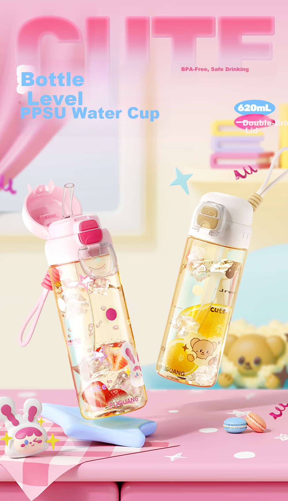Fuguang Children's Water Bottle, PPSU Material, Elementary School Summer Dual-Use Straw Cup, Kindergarten And Pregnant Women Plastic Cup, 620ml 1