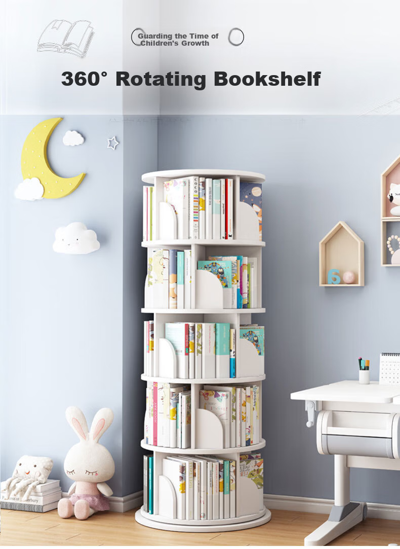 Yijia Rotating Bookshelf, 360-Degree Floor-Standing Student Creative Storage Bookcase, Multi-Layer Organizer Rack, White, Five-Tier 4