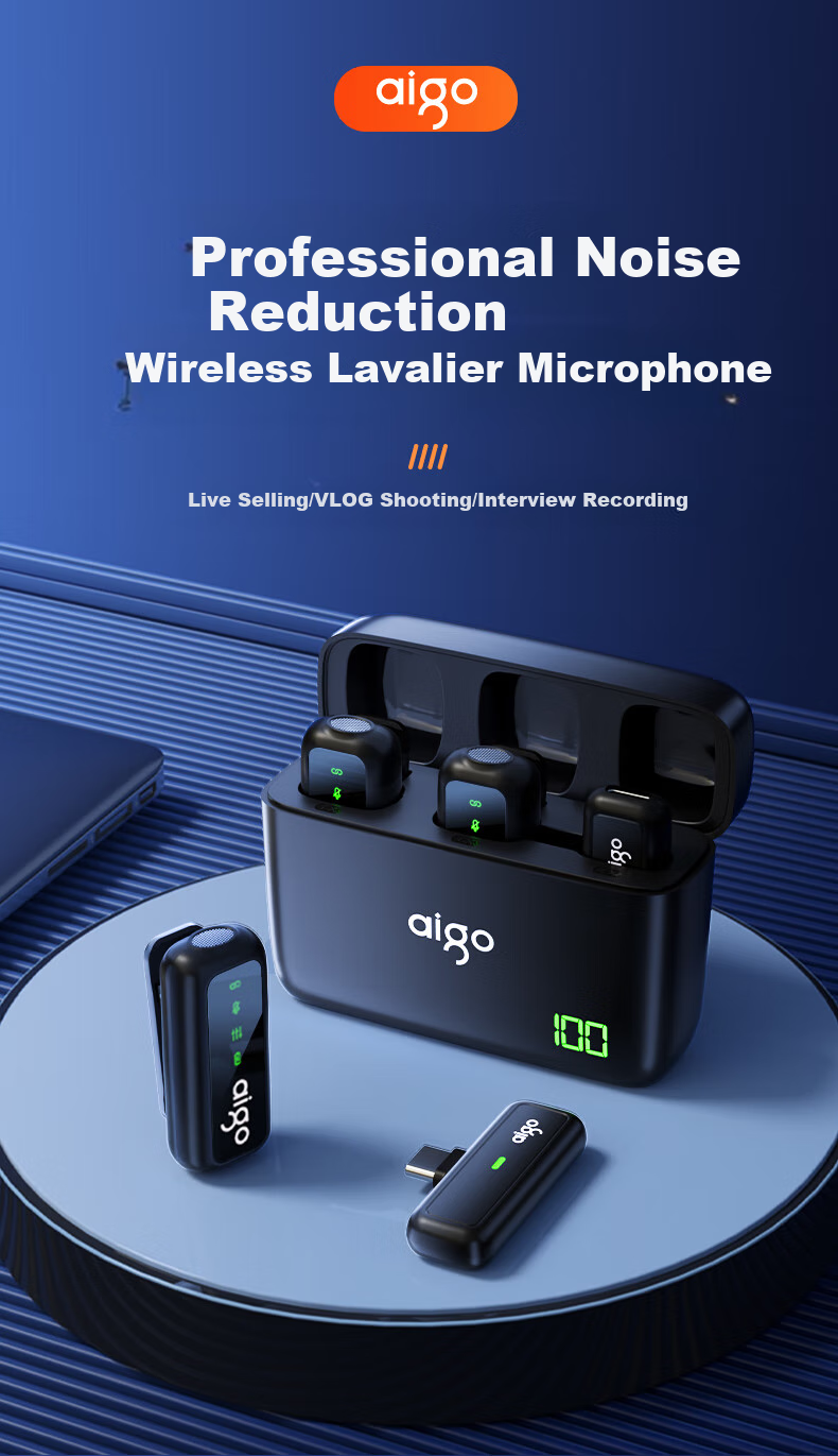 Aigo S16 Wireless Microphone, Clip-On Microphone with Two Mics, Small Bee Vlog Interview Outdoor Live Streaming Special Equipment, Mobile Phone Audio Microphone, Compatible with Apple And Android 1