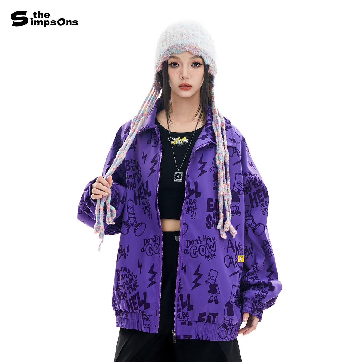 THE SIMPSONS Casual Loose Printed Polo Collar Trendy Unisex Jacket Purple Regular 2XL