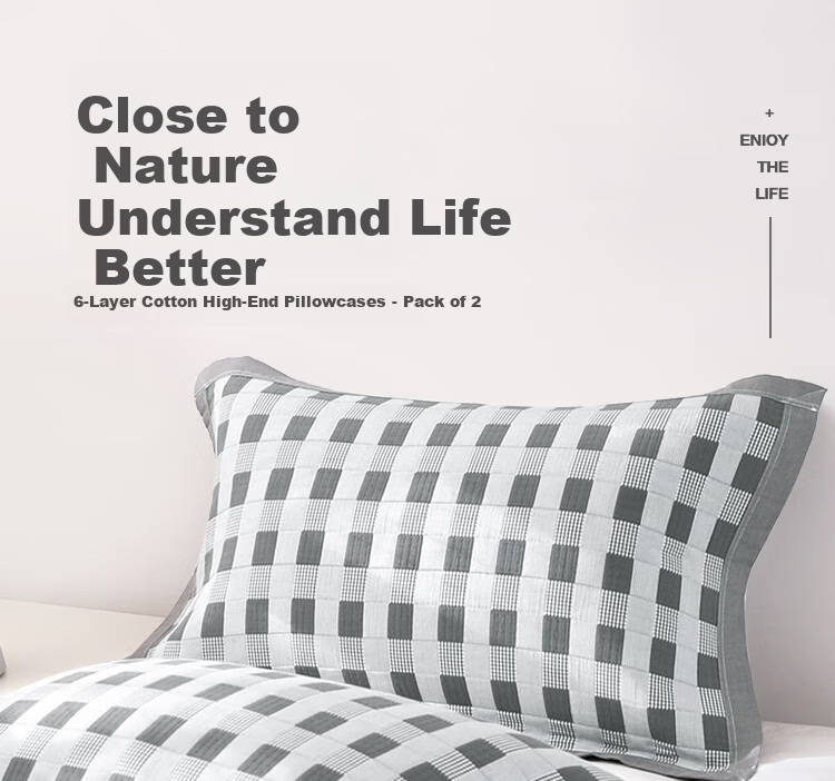 Yuanshenghuo 100% Xinjiang Cotton Pillowcase, Household Anti-Head Oil Pillow Cover, Extra Large And Thick, One Pair Gray Plaid 55*80cm 1