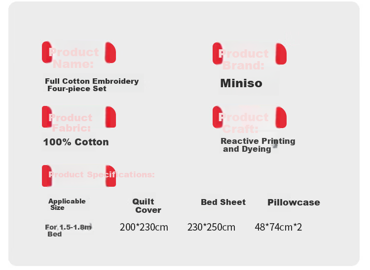 MINISO 100% Pure Cotton Four-Piece Bedding Set with Embroidery, All-Cotton Bedsheet And Duvet Cover, 200x230cm, for 1.5/1.8 Meter Bed 9