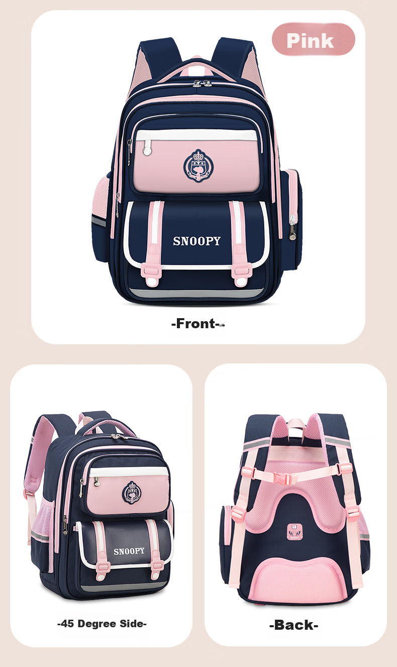 SNOOPY Elementary School Backpack, British Style Large Capacity Girls' School Bag for Grades 3-6, Blue Large Size 18
