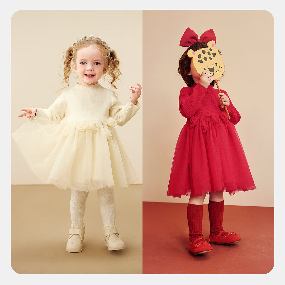 Minibala Girls Dress Baby Tulle Skirt Sweet Children's Half Turtleneck Princess Dress 2025 Winter