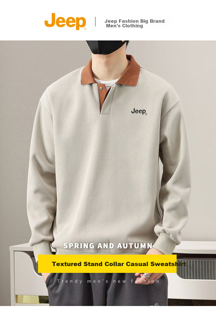 JEEP Men's Sweatshirt, Spring And Autumn Heavyweight Polo Collar Long Sleeve Casual Top, Black, 3XL 1