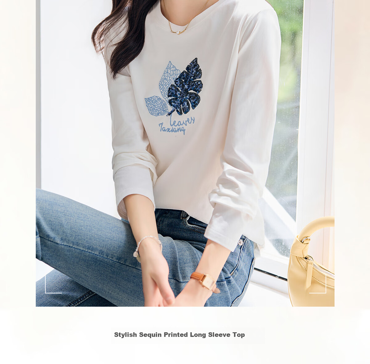 Taxiang Long-Sleeve T-Shirt for Women, Round Neck with Sequin Embroidery, Spring And Autumn Casual Versatile Ladies' Base Shirt T141T2719 1