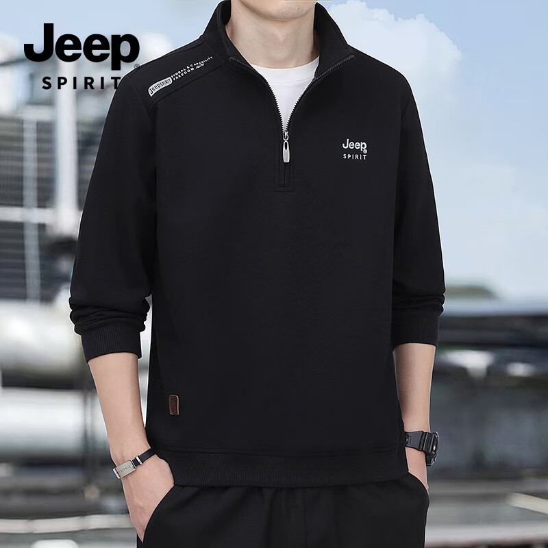 JEEP SPIRIT Stand-Collar Sweatshirt for Men, New Autumn And Winter Pullover with Zipper, Inner Layer Base Shirt 2588 Black 4XL