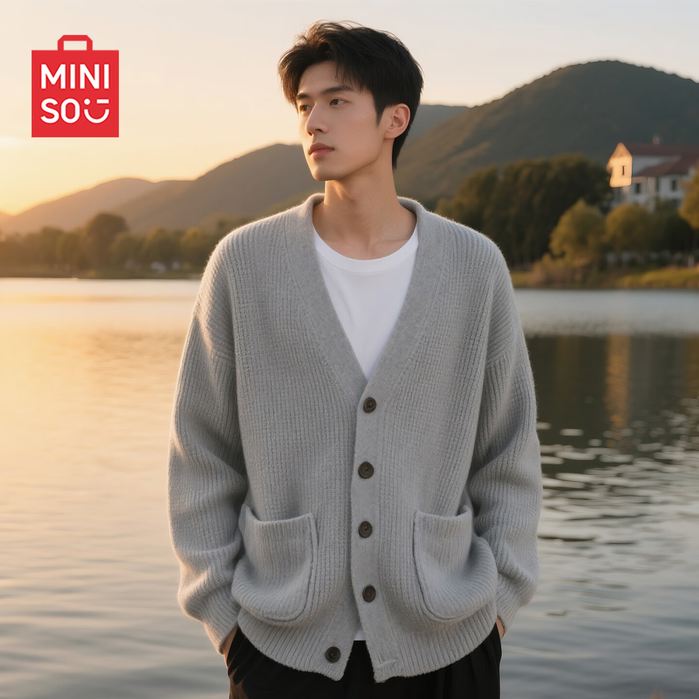 MINISO Knitted Sweater Autumn Maillard V-Neck Design Cardigan Warm Soft Thick Yarn Coat Light Gray 2XL