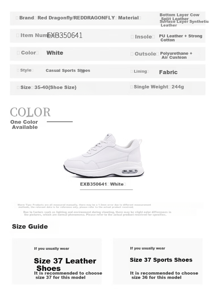 RED DRAGONFLY Women's New Sports Shoes, White Sneakers for Women, Lightweight Shock-Absorbing Running Shoes EXB350641 White Size 38 6