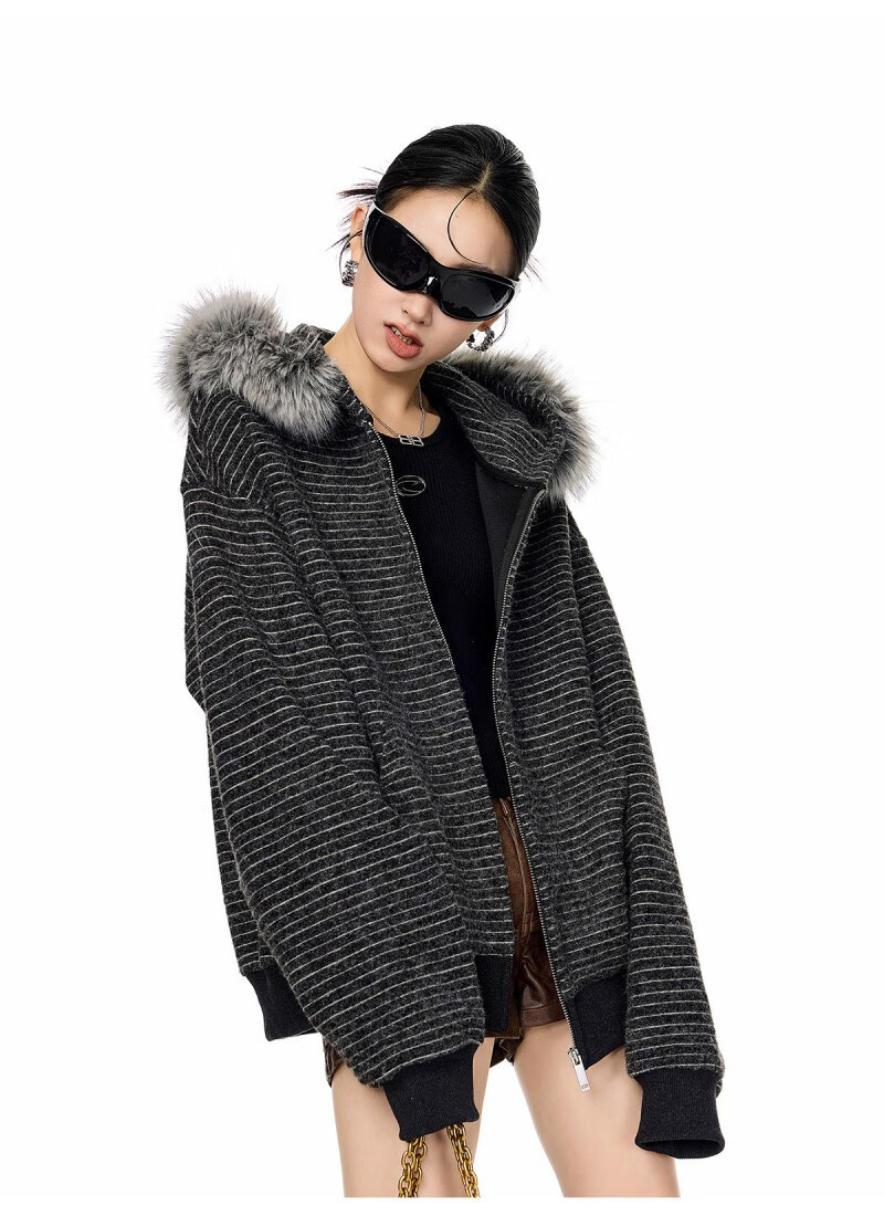 ICH MODE Women's American Style Hooded Striped Jacket with Fur Collar Autumn Winter New Zip-up Sweatshirt Cardigan Black M 10