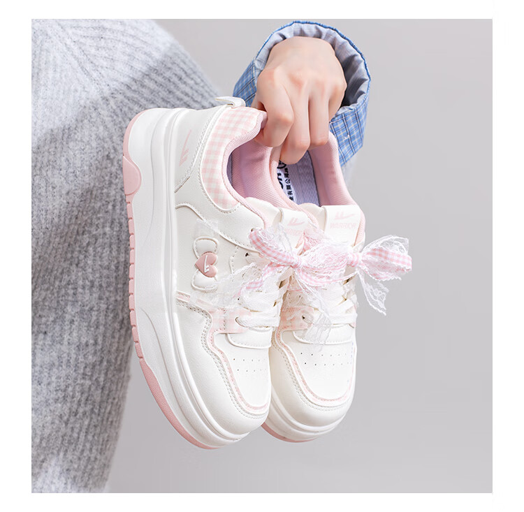 Warrior Women's White Shoes Spring and Autumn New Casual Versatile Creative Bowknot Sports Thick Sole Sneakers Beige Deep Blue 37 7