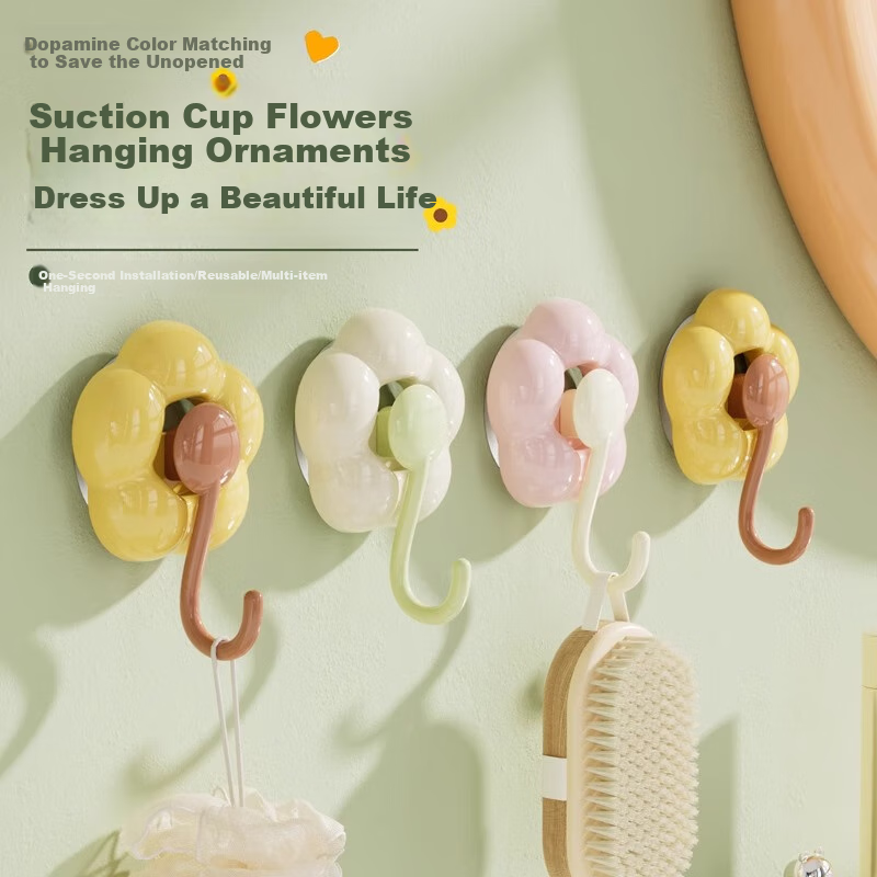Tingjianshiguang Flower Suction Cup Hooks, No Drilling Required, Strong Adhesive, Seamless, for Home Bathroom Door Wall Hanging [Set of 3]