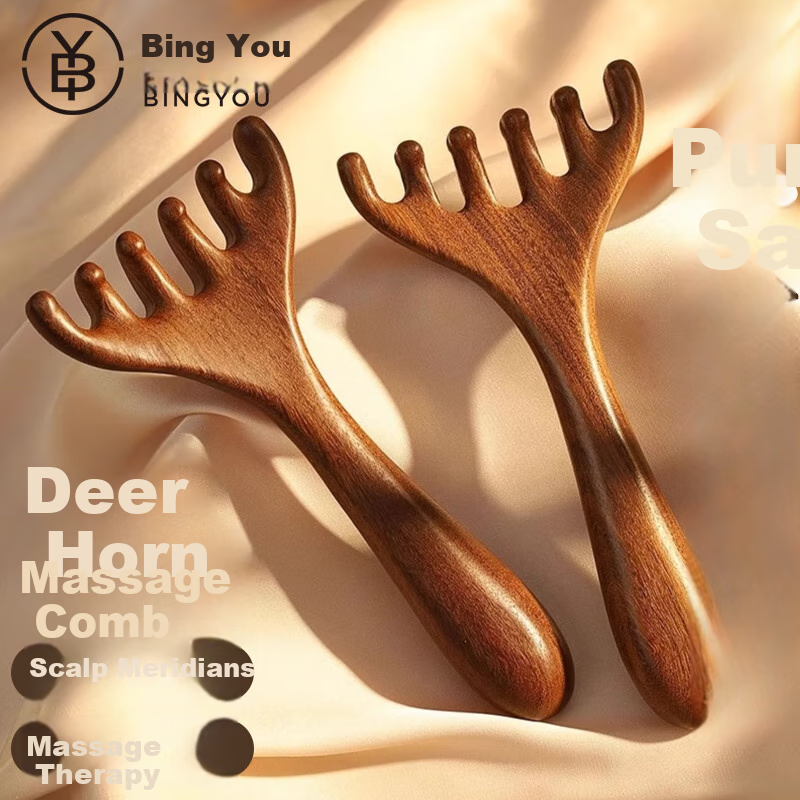 Bingyou Deer Antler Sandalwood Head Meridian Massage Comb, Health Care Scalp Therapy Six-Five Claw Natural Scalp Gua Sha Dredging, 1 Piece