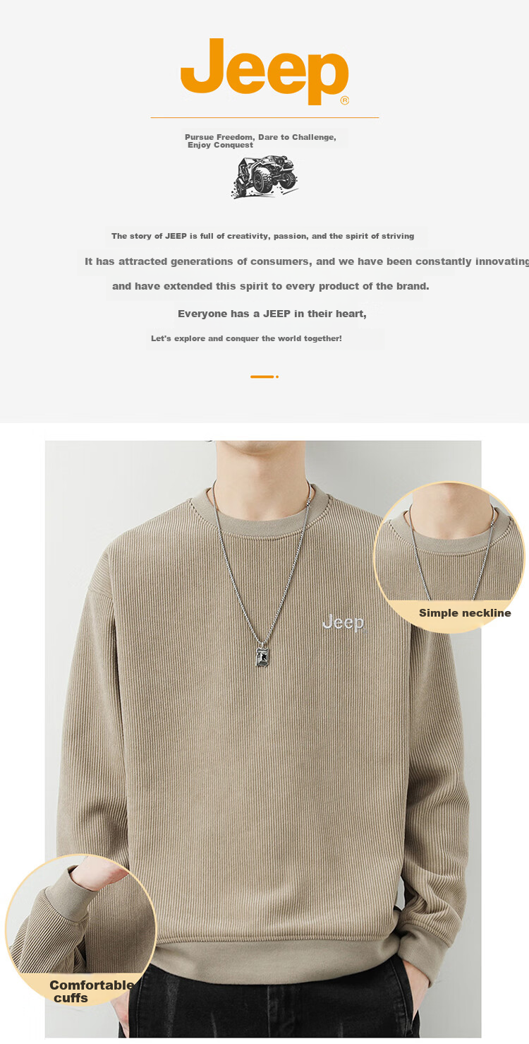 JEEP Men's Sweatshirt, Loose-Fitting Long-Sleeve T-Shirt for Spring And Autumn, Heavyweight Trendy Top, Men's Clothing, Khaki, 3XL 2