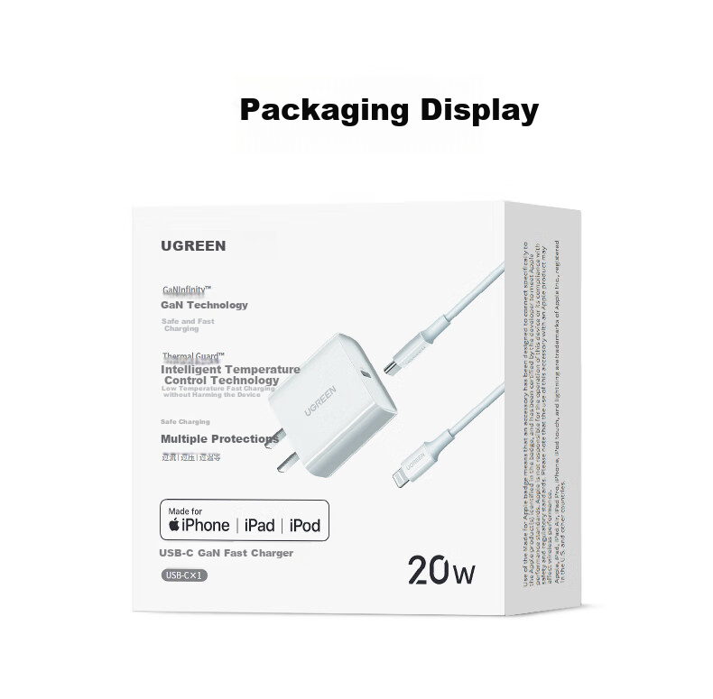 UGREEN 20W Charger, MFi Certified, Compatible with Apple Charger, Gallium Nitride Fast Charging, for IPhone 14/13/12/11 Pro Max, IPad, Type-C + Data Cable Set 15