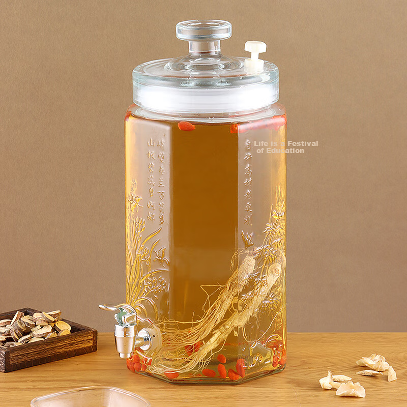 Jidukongjian Liquor Infusion Bottle, Glass Jar Wine Container, Sealed Vessel for Brewing Ginseng Wine, Specialized Bottle with Tap, 10 Jin Capacity