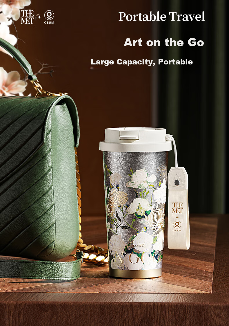 Germ Pure Titanium Insulated Mug for Women, Dual-Drinking Straw Coffee Cup Gift Box Water Bottle Mid-Autumn Festival Gift Cup 500ML Cherry Blossom 9