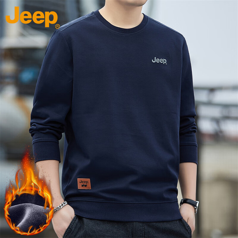 JEEP Men's Sweatshirt Autumn Winter Trendy Loose Long Sleeve T-Shirt Men's Base Layer Clothing Navy Blue Fleece Lined 3XL