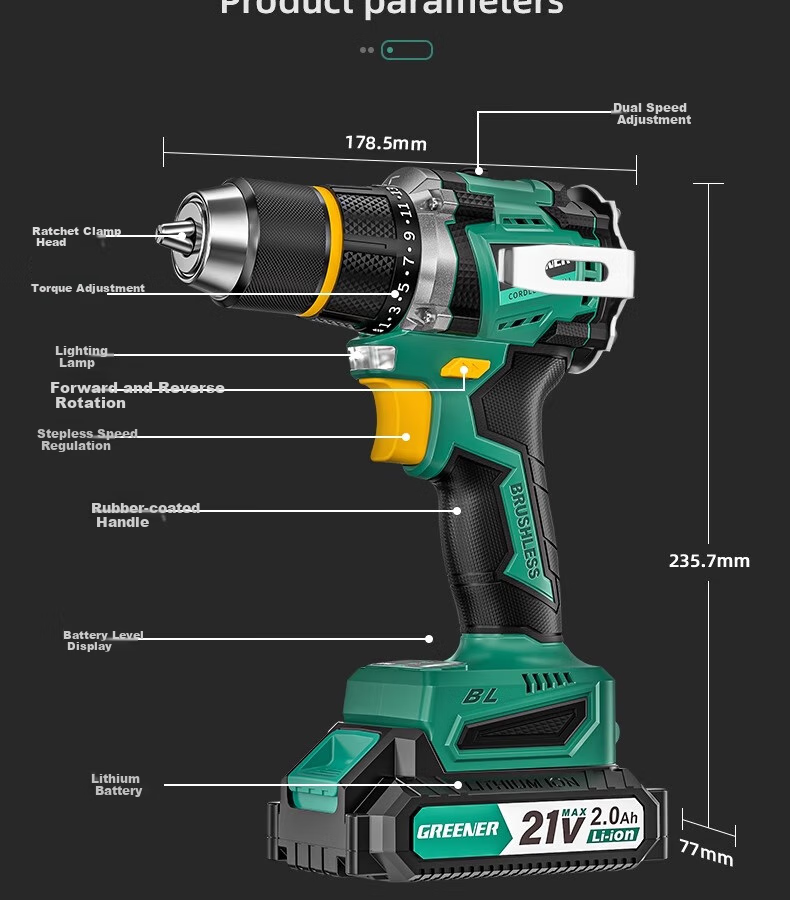 GREENER 21V Brushless Steel Cannon Lithium Drill, 55N.M Electric Drill, Rechargeable, Multi-Functional [Includes 27 Drill Bits] 40