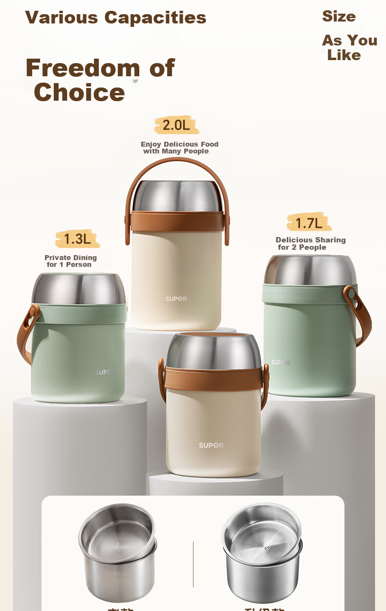 SUPOR Insulated Food Container, Stainless Steel Portable Pot, 2.0L Large Capacity Vacuum Insulated Lunch Box, Multi-Layer Portable Bento Box, Lotus White 14