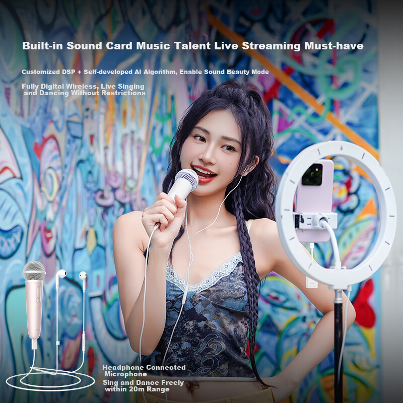 Chunmai Wireless Mobile Phone Microphone for Live Streaming Karaoke, Sound Card Recording Equipment, Small Sweet Tube White