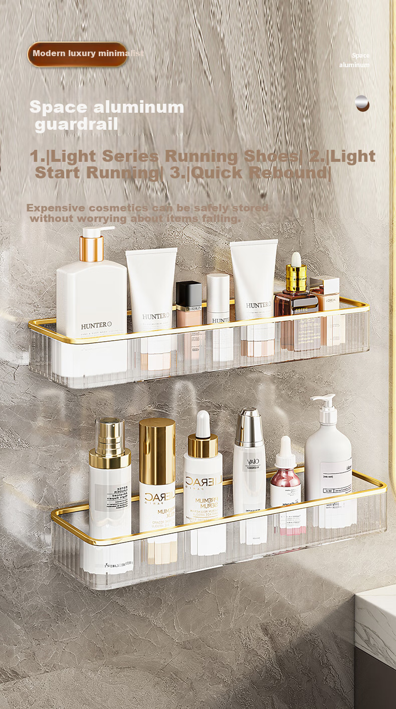 MUYA Storage Rack, Cosmetic Organizer Shelf, No Drilling Required, Wall-Friendly, Hanging PET Bathroom Storage, Adhesive-Backed 3