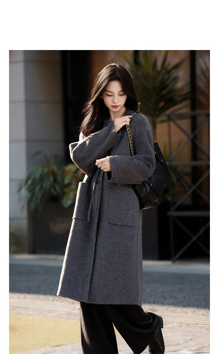 Dme 100% Wool Double-Faced Woolen Coat Winter Luxury Round Neck Ribbon Long Women's Woolen Overcoat 1