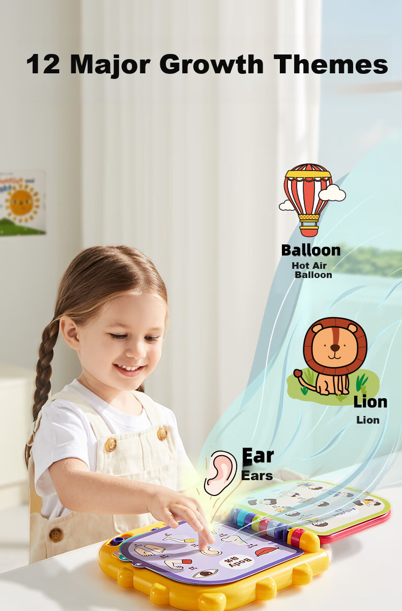 Babycare &BCTOYS Bilingual Early Learning Toy Book, English Enlightenment Children's Early Education Machine, Electronic Audio Book for Ages 1-3 - Yellow 1