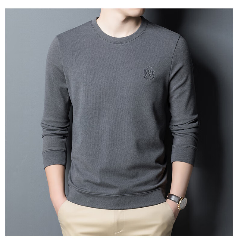 ROMON Men's Spring and Autumn Business Crew Neck Long Sleeve T-Shirt Quality Casual Base Shirt Jacket Men's 113 Green M 14