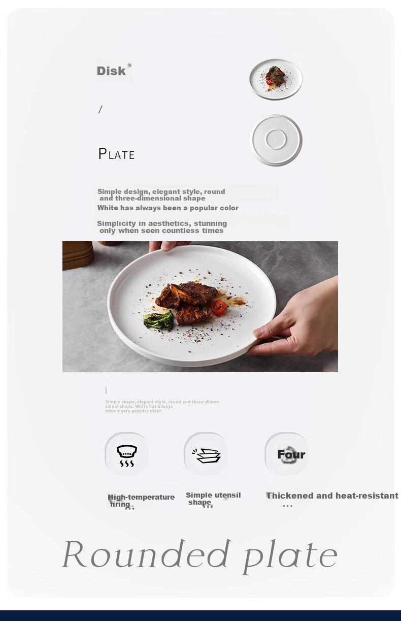 JIWUSENLIN Ceramic Plates, Household White Porcelain Dishes, 9-Inch Chinese-Style Dinner Plates, Flat Plates, Steak Plates, Dishwasher Safe, Set of 2 2