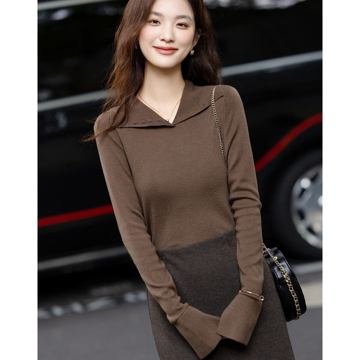 Dme [Containing Wool] Autumn Lapel Collar Knit Sweater with Contrasting Color Button-Up, Flared Sleeves, Slim Fit, Concealing Body Shape, Women's Top