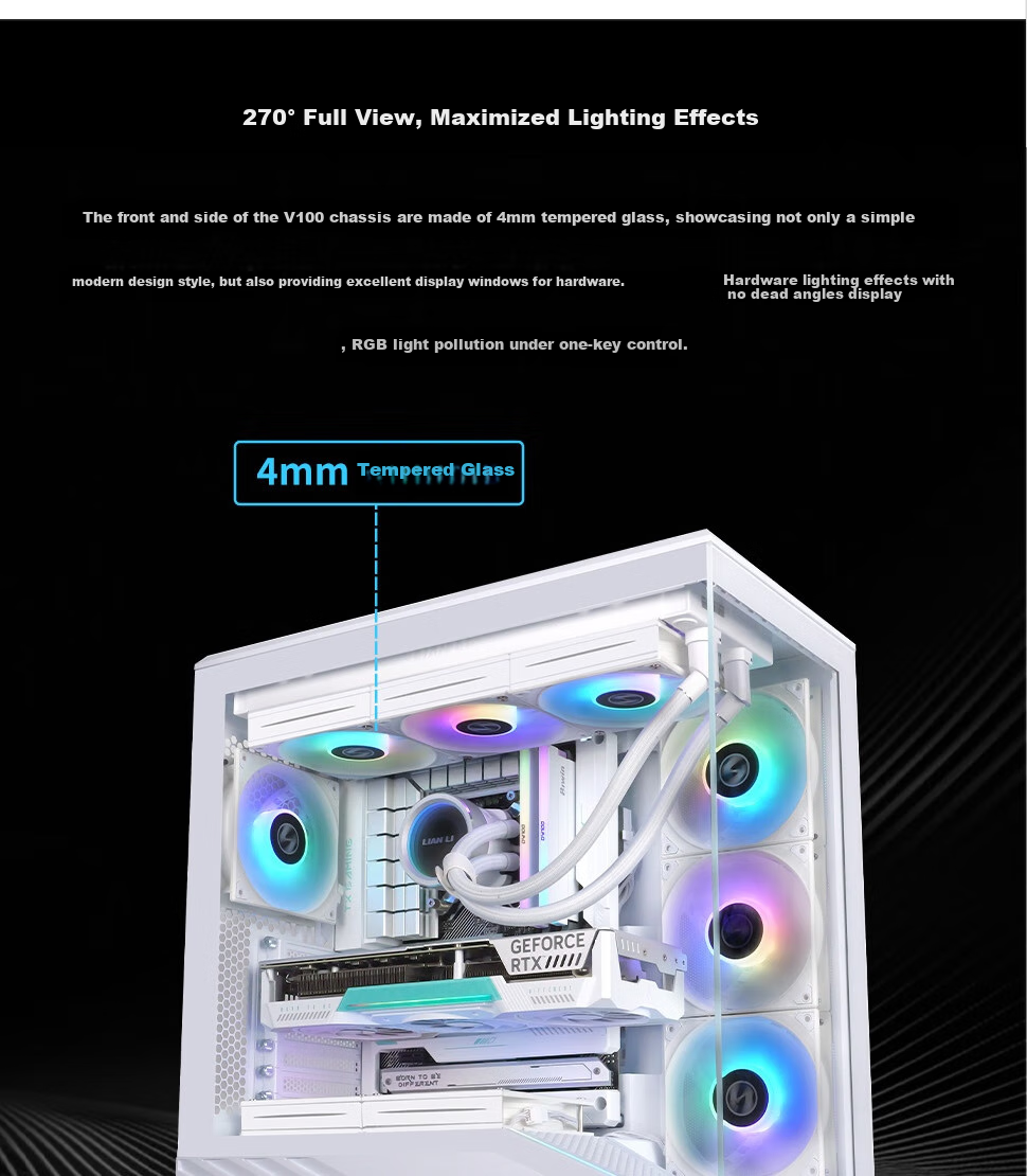 LIANLI Fengyi V100 Computer Case, Seaside View Case, Black / Supports ATX Motherboard / 360mm Water Cooling / Pre-Installed Graphics Card Bracket 3