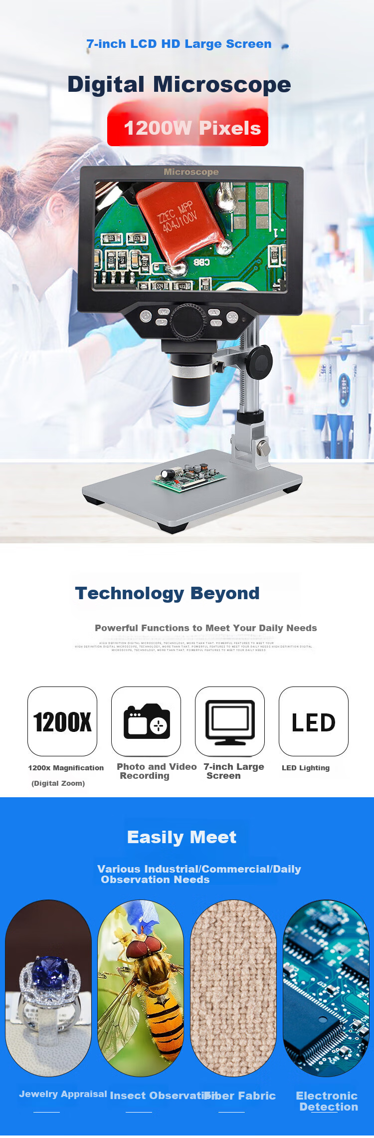 JHOPT 1200x High-Definition Digital Magnification Electronic Industrial Microscope with 7-Inch Large Screen for Viewing Microdots, Jade, And Motherboards 3