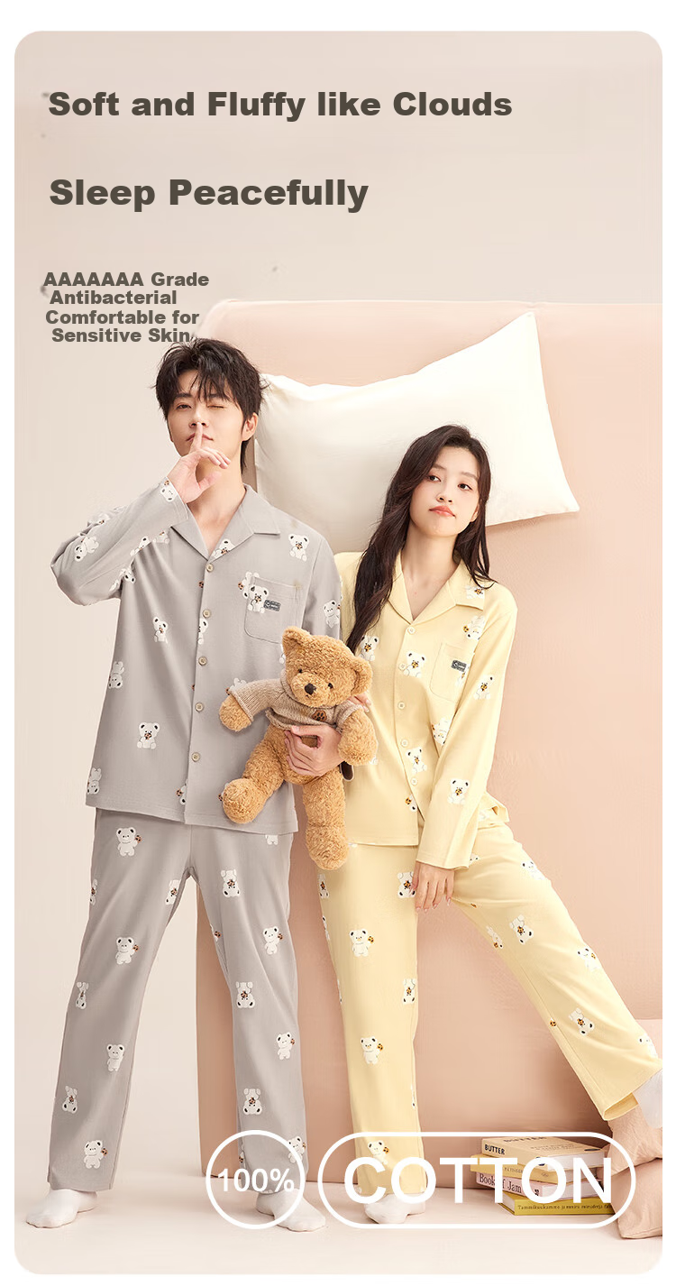 Hodohome Women's 7A Antibacterial Cartoon All-Over Print Pajamas, Pure Cotton Loungewear, Moonlight Yellow, M 1