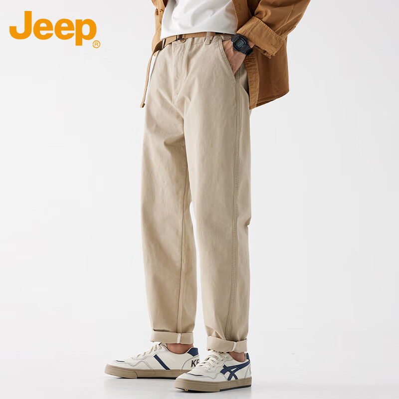 JEEP Casual Pants for Men, Loose-Fitting Trendy Spring And Summer High-End Straight-Leg Cargo Pants, Light Khaki, Size 28