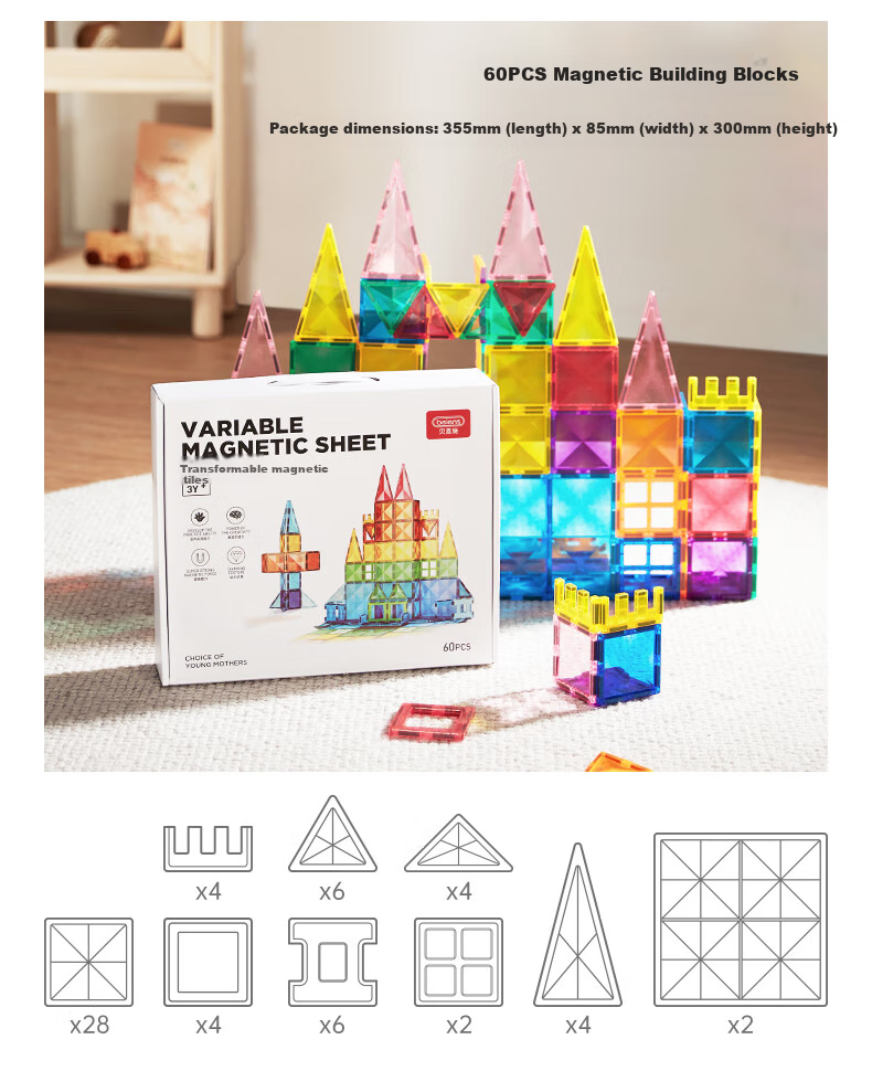 Beienshi Children's Building Blocks Toy, Magnetic Tiles with Colored Windows, for Ages 3-6, Assembly Puzzle, Birthday Gift, 100 Pieces 15