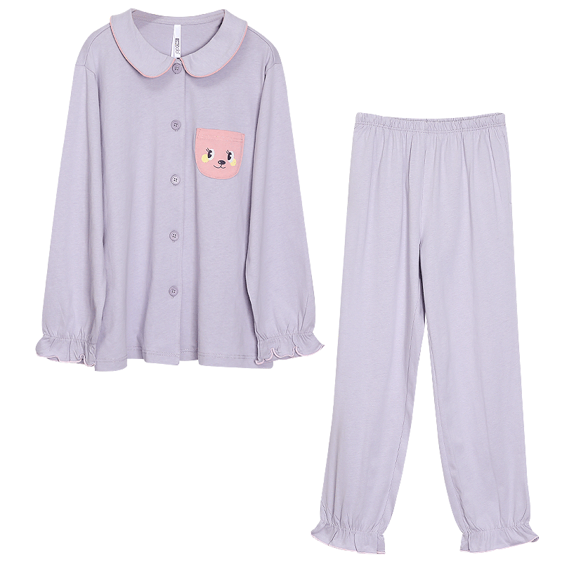 Hodohome Children's Pajamas, Girls' Class A Pure Cotton Loungewear, Cartoon All-Over Print Long-Sleeve Cardigan Set, 110 130