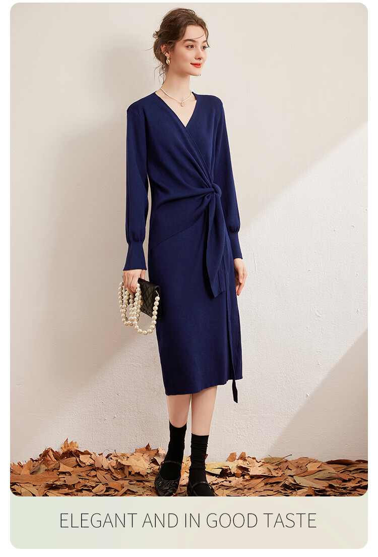 LOUISYAO Spring Autumn V-Neck Tie Design Slim Fit Slightly Stretchy Mid-Length Elegant Knit Dress Dark Coffee S 13