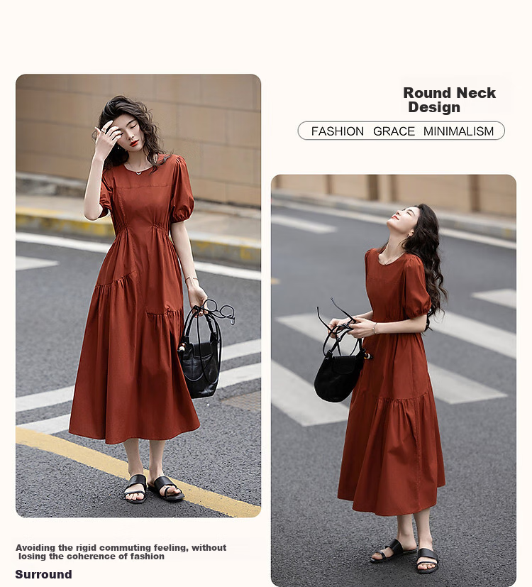 Dme [Gentle Pure Cotton] Summer French Dopamine Round Neck Pleated Puff Sleeve A-Line Mid-Length Women's Dress 4