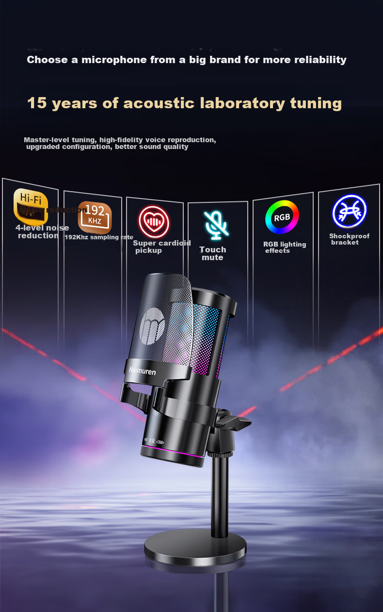 Haomuren Computer Microphone, Gaming And E-Sports Dedicated Noise-Cancelling Professional Sound Card, Live Streaming Condenser Karaoke Recording, Anchor Voice-Over Equipment, Microphone, Desktop, Laptop, Mobile Phone, USB Wired 2