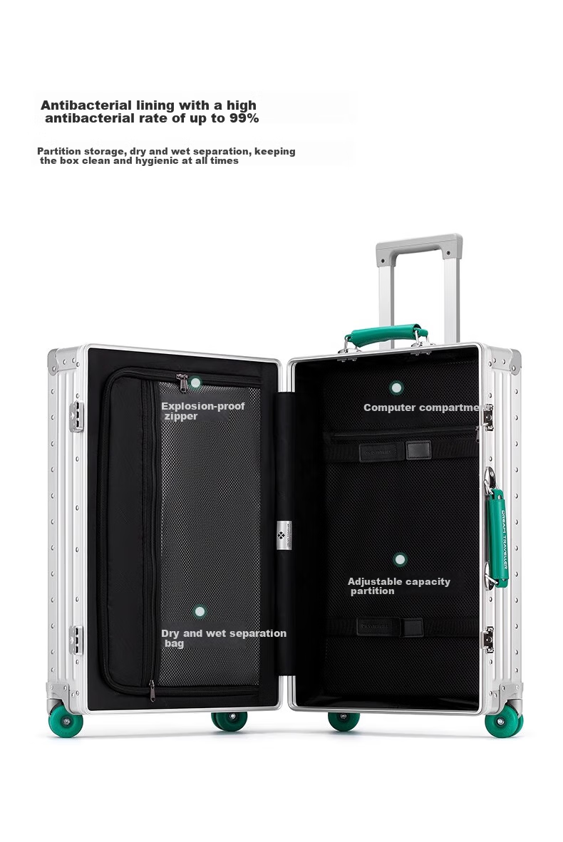 Dream Traveler All-Aluminum Magnesium Alloy Trolley Suitcase with Spinner Wheels, Metal Luggage for Men And Women, 24-Inch Gold with Gree 8