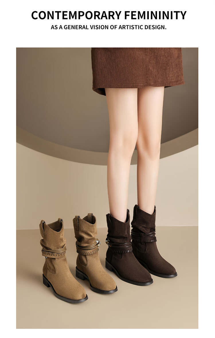DAPHNE Vintage Western Cowboy Boots Autumn Winter New Mallard French Short Boots Women Tall Boots Suede Coffee 36 1